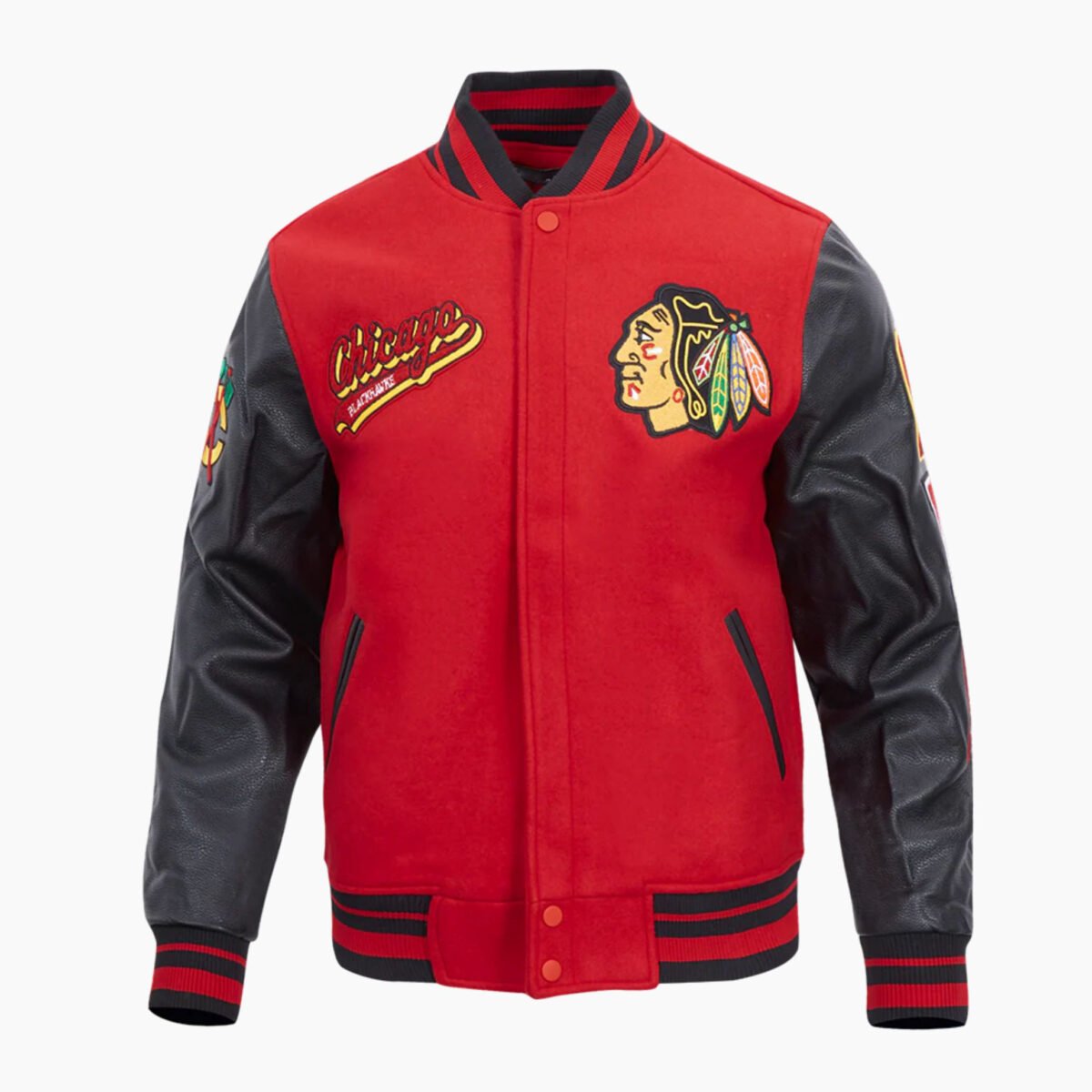 NHL Chicago Blackhawks Script Tail Men's Rib Wool Varsity Jacket NHL Chicago Blackhawks Script Tail Men's Rib Wool Varsity Jacket