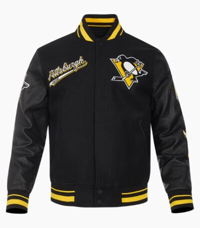 NHL Pittsburgh Black Penguins Script Tail Men's Rib Wool Varsity Jacket