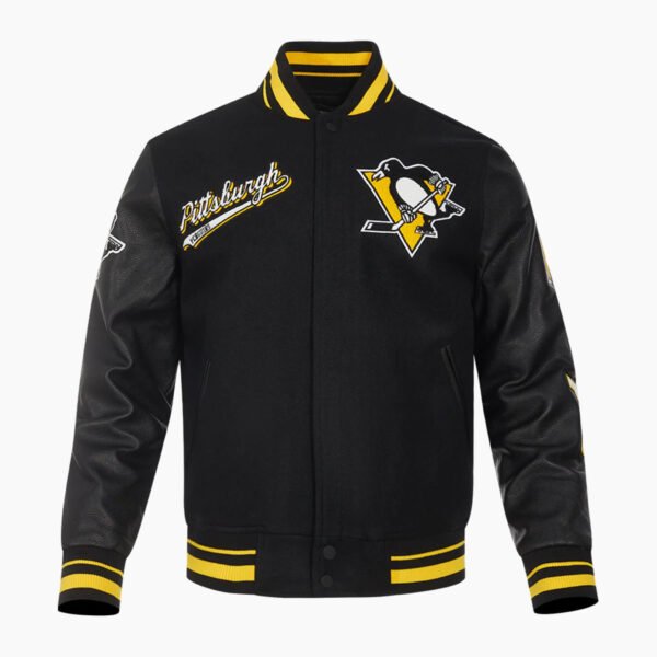 NHL Pittsburgh Black Penguins Script Tail Men's Rib Wool Varsity Jacket
