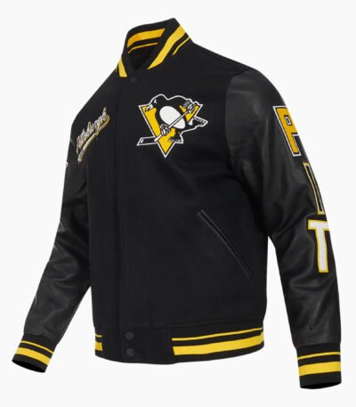 NHL Pittsburgh Black Penguins Script Tail Men's Rib Wool Varsity Jacket
