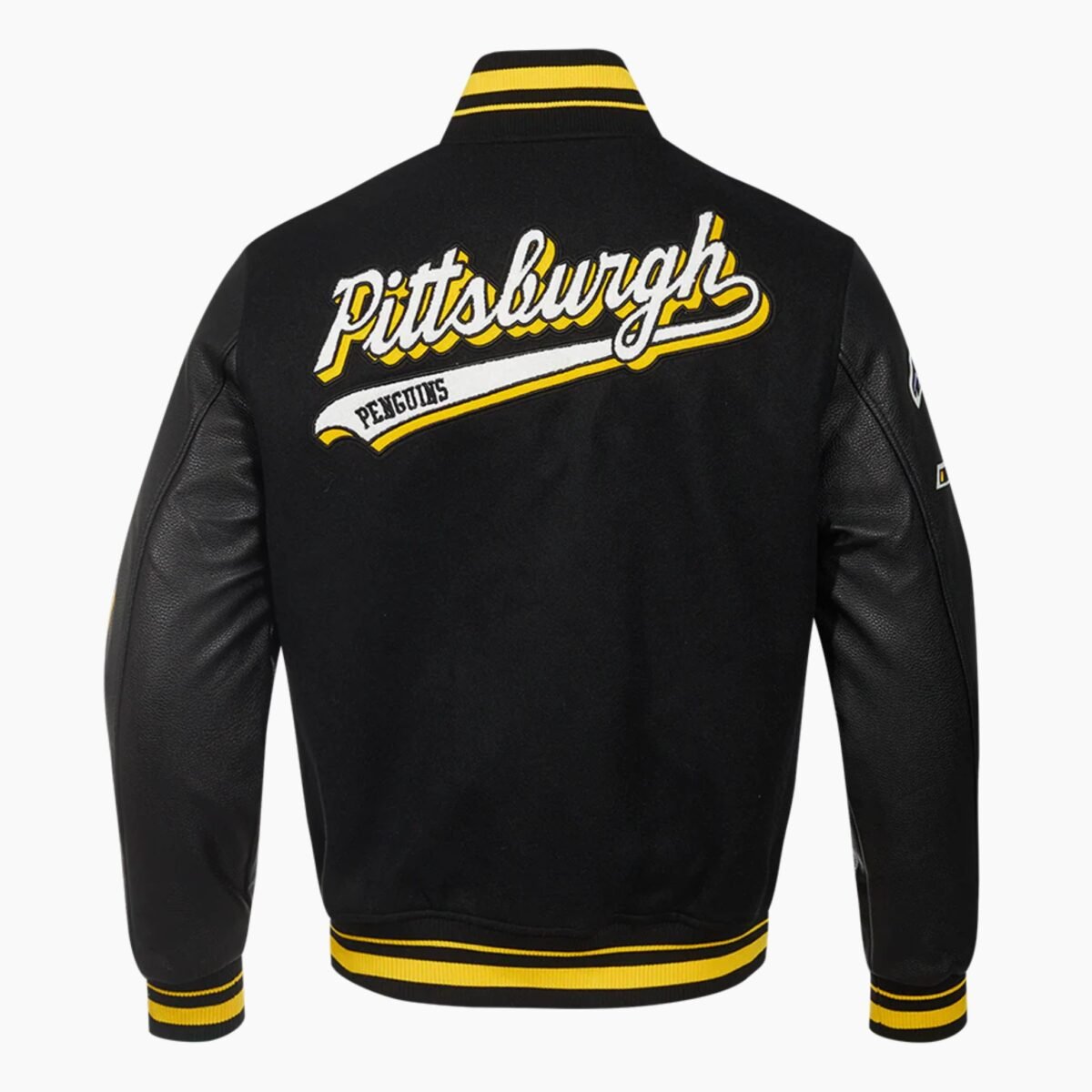 NHL Pittsburgh Black Penguins Script Tail Men's Rib Wool Varsity Jacket