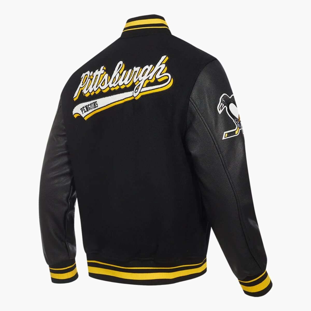 NHL Pittsburgh Black Penguins Script Tail Men's Rib Wool Varsity Jacket