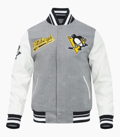 NHL Pittsburgh Grey Penguins Script Tail Men's Rib Wool Varsity Jacket