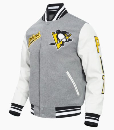 NHL Pittsburgh Grey Penguins Script Tail Men's Rib Wool Varsity Jacket
