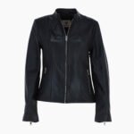 Real Leather Biker Style Jacket with Mandarin Collar Black