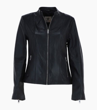 Real Leather Biker Style Jacket with Mandarin Collar Black