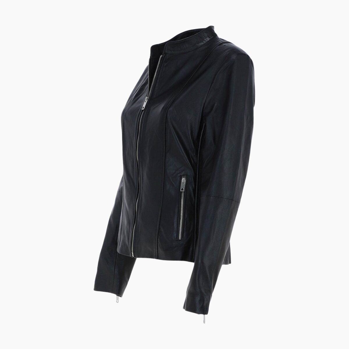 Real Leather Biker Style Jacket with Mandarin Collar Black