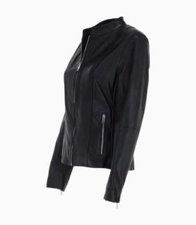 Real Leather Biker Style Jacket with Mandarin Collar Black