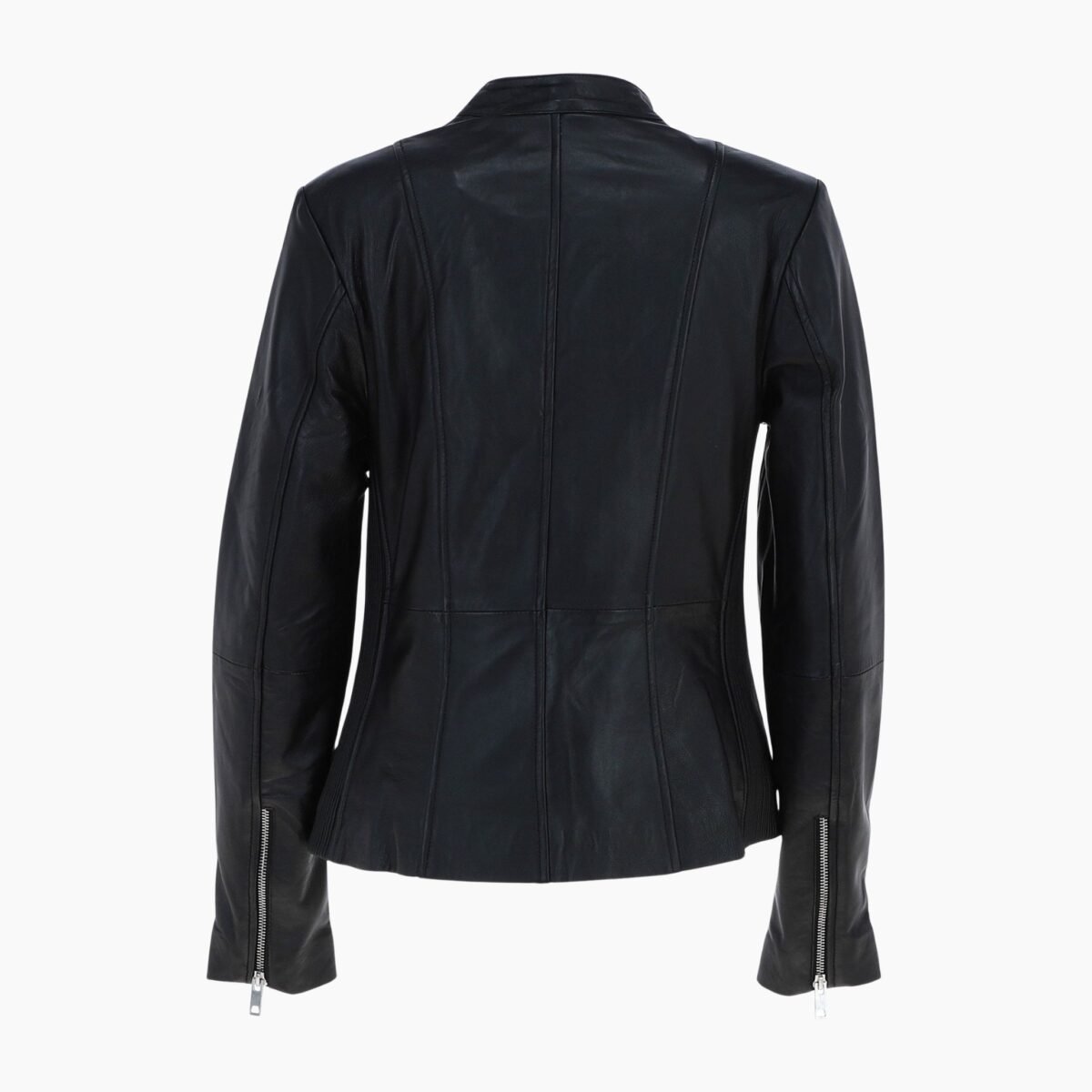 Real Leather Biker Style Jacket with Mandarin Collar Black