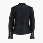 Real Leather Biker Style Jacket with Mandarin Collar Black