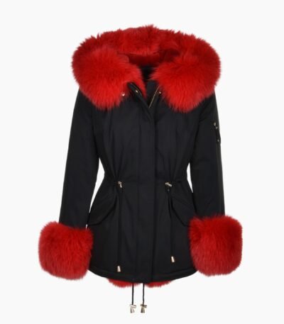 Short Hooded Toscana Tipped Fox Fur Parka With Fur Trim Lining Black