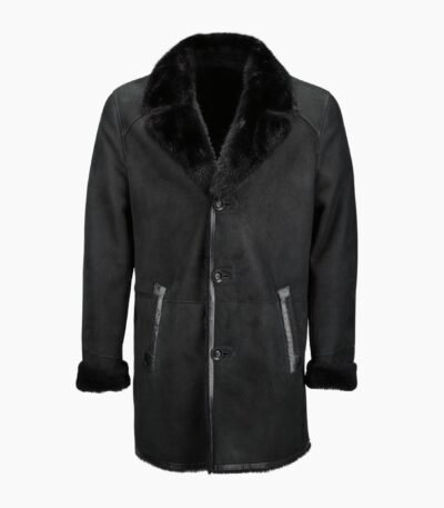 Single Breasted Sheepskin Coat With Long Haired Lapel Black
