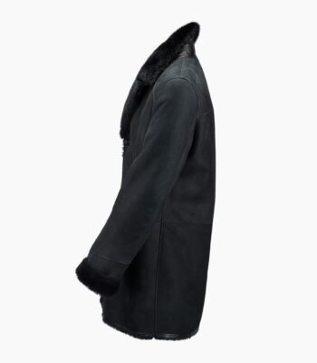 Single Breasted Sheepskin Coat With Long Haired Lapel Black