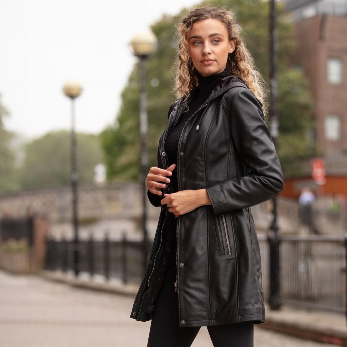 Stylish Leather Ladies Three Quarter Jacket Black