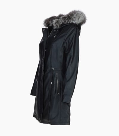 Stylish Leather Ladies Three Quarter Jacket Black Fur