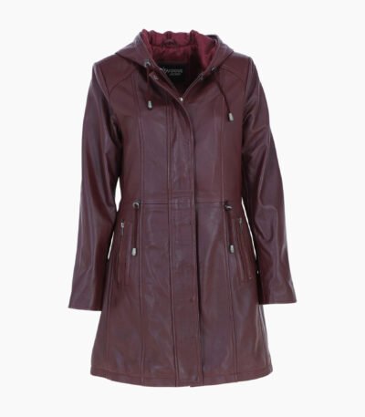Stylish Leather Ladies Three Quarter Jacket Burgundy
