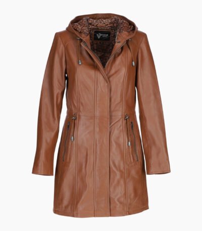 Stylish Leather Ladies Three Quarter Jacket Tan