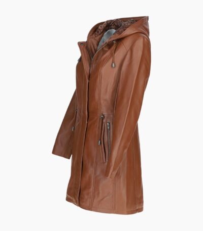 Stylish Leather Ladies Three Quarter Jacket Tan