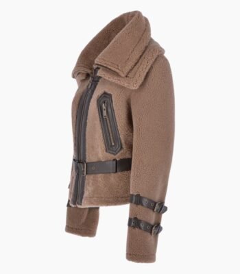 Double Collar Teddy Sheepskin Flying Jacket Biscuit Brown