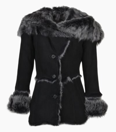 Toscana Long Haired Shearling Jacket With Large Hood Black