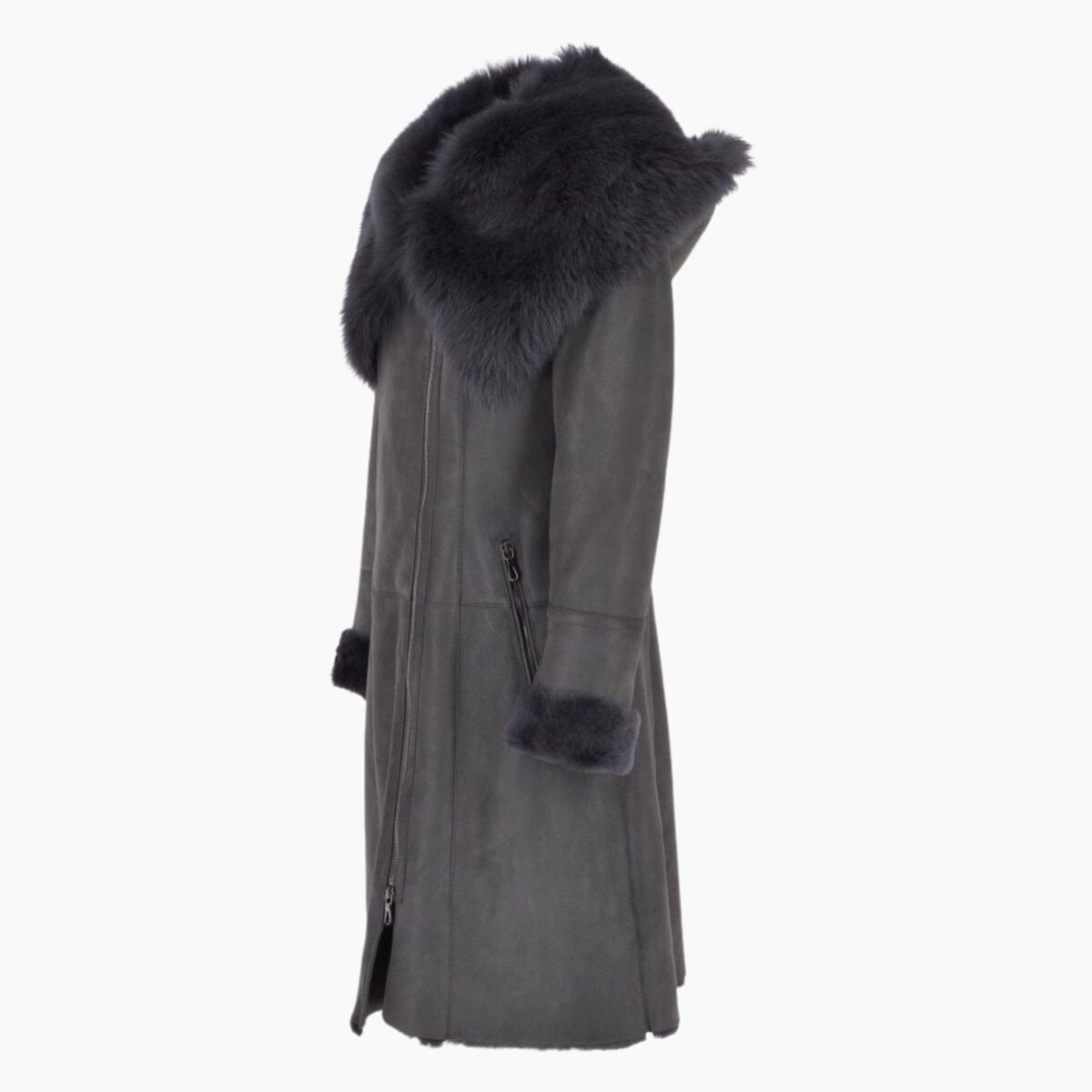 Toscana Longhaired Hooded Shearling Coat Gray