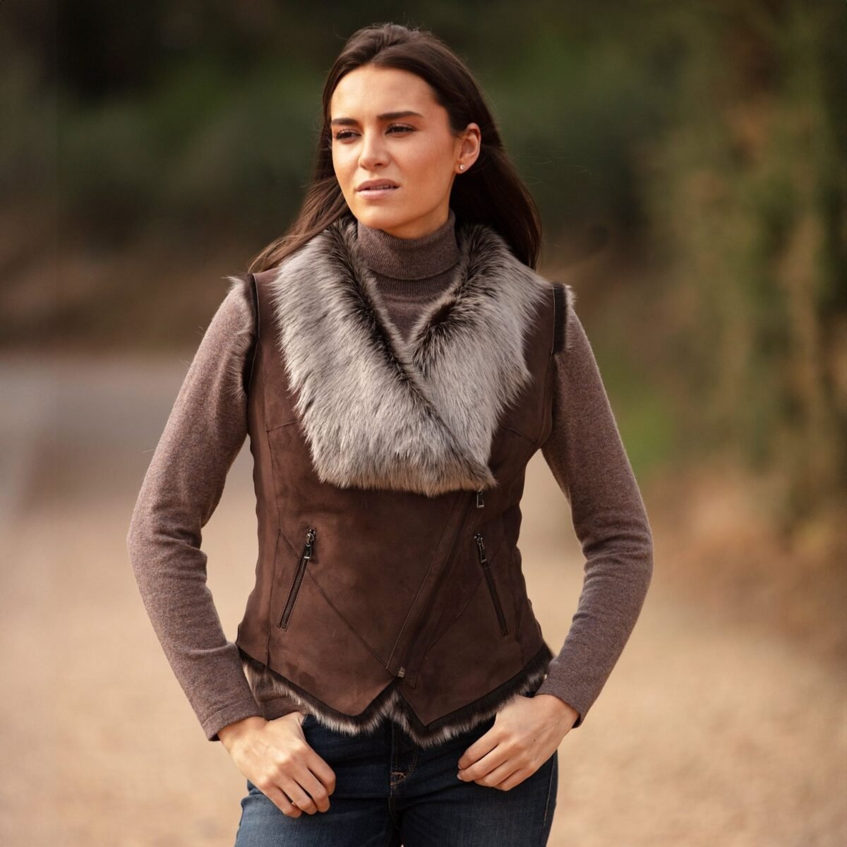 Toscana Suede Leather Biker Gilet Brown