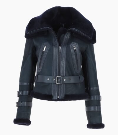 Women's Aviator Shearling Leather Jacket Ombre Blue