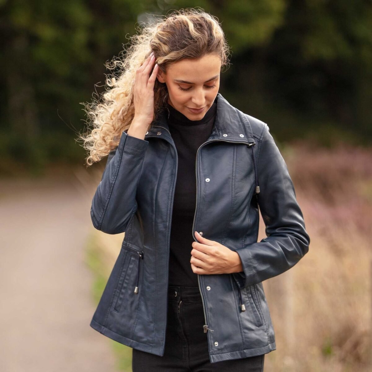 Womens Casual Leather Jacket Navy