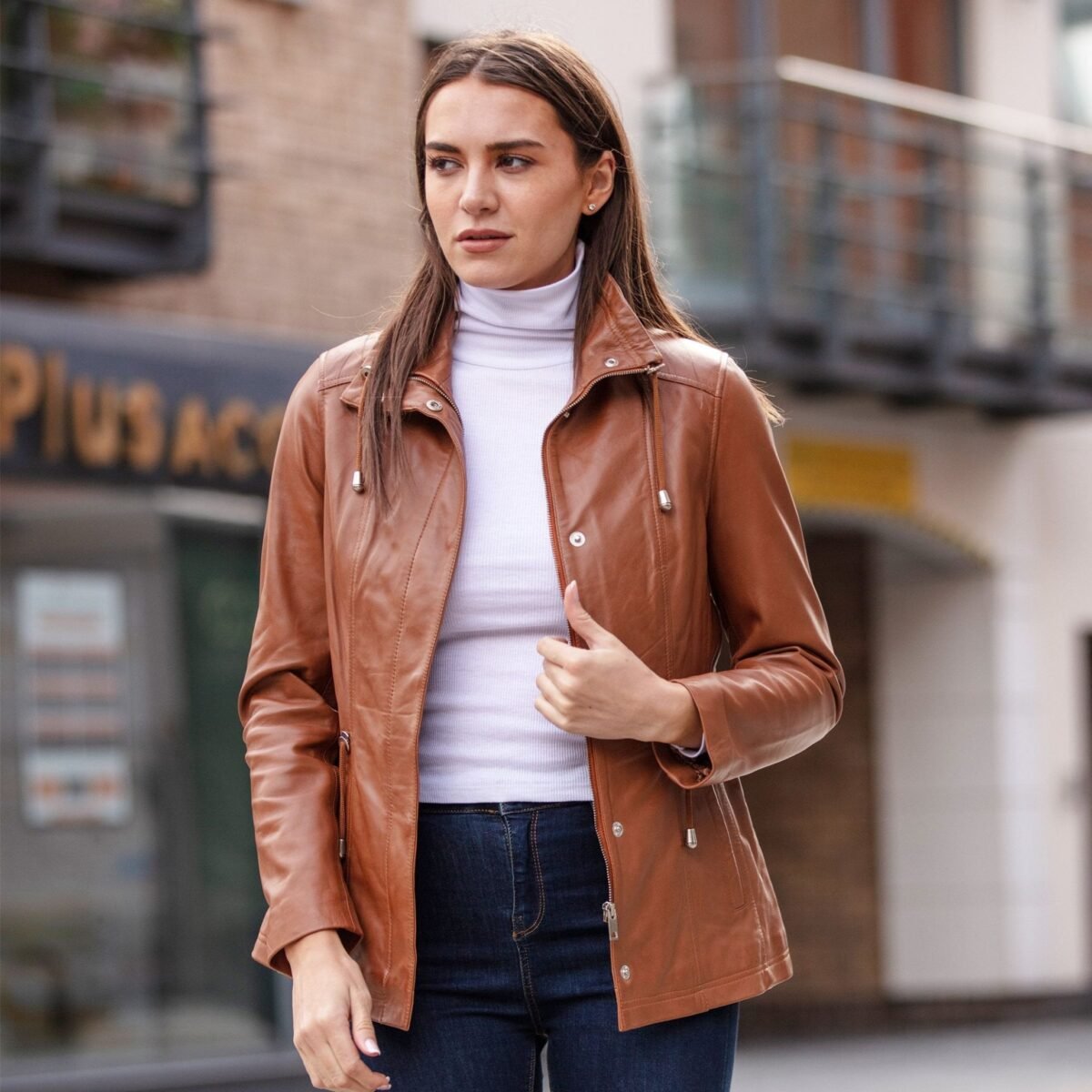 Womens Casual Leather Jacket Tan