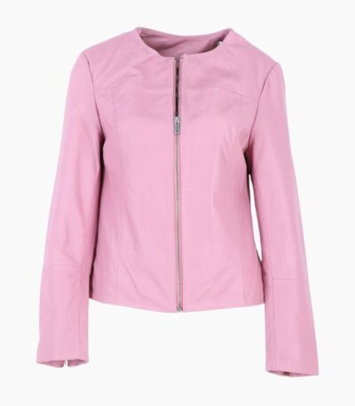 Womens Collarless Leather Fashion Jacket Pink Elizabeth