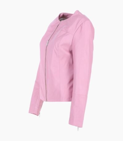 Womens Collarless Leather Fashion Jacket Pink Elizabeth