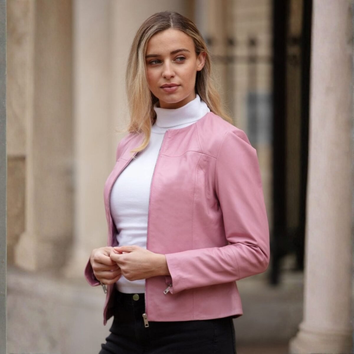 Womens Collarless Leather Fashion Jacket Pink Elizabeth