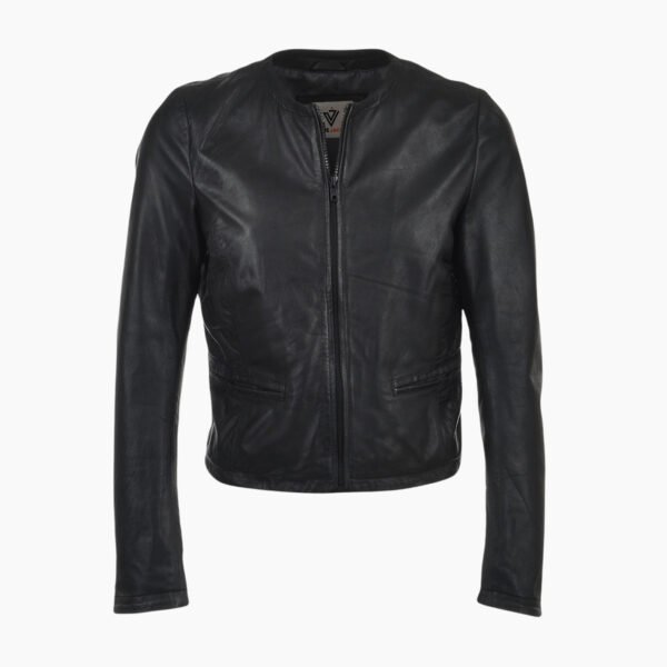 Womens Collarless Leather Jacket Black