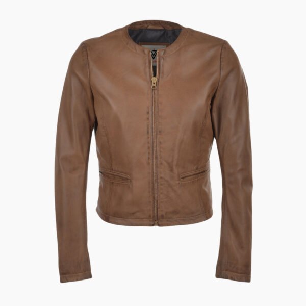 Womens Collarless Leather Jacket Coffee