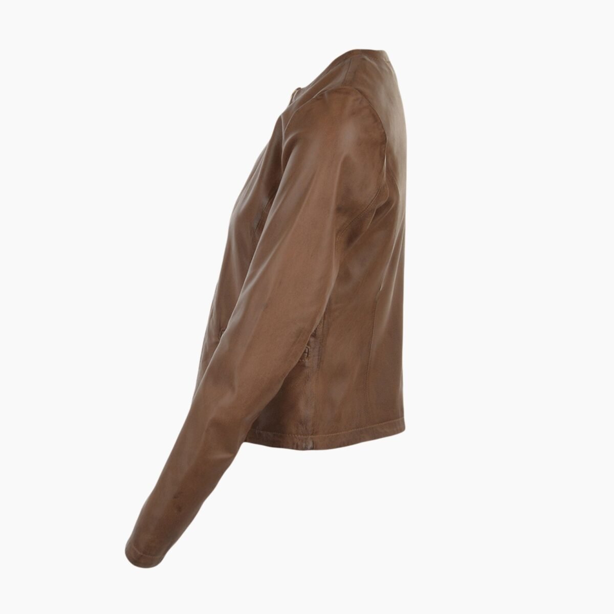 Womens Collarless Leather Jacket Coffee