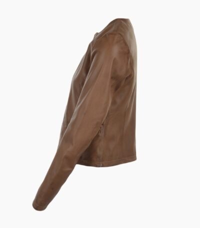 Womens Collarless Leather Jacket Coffee
