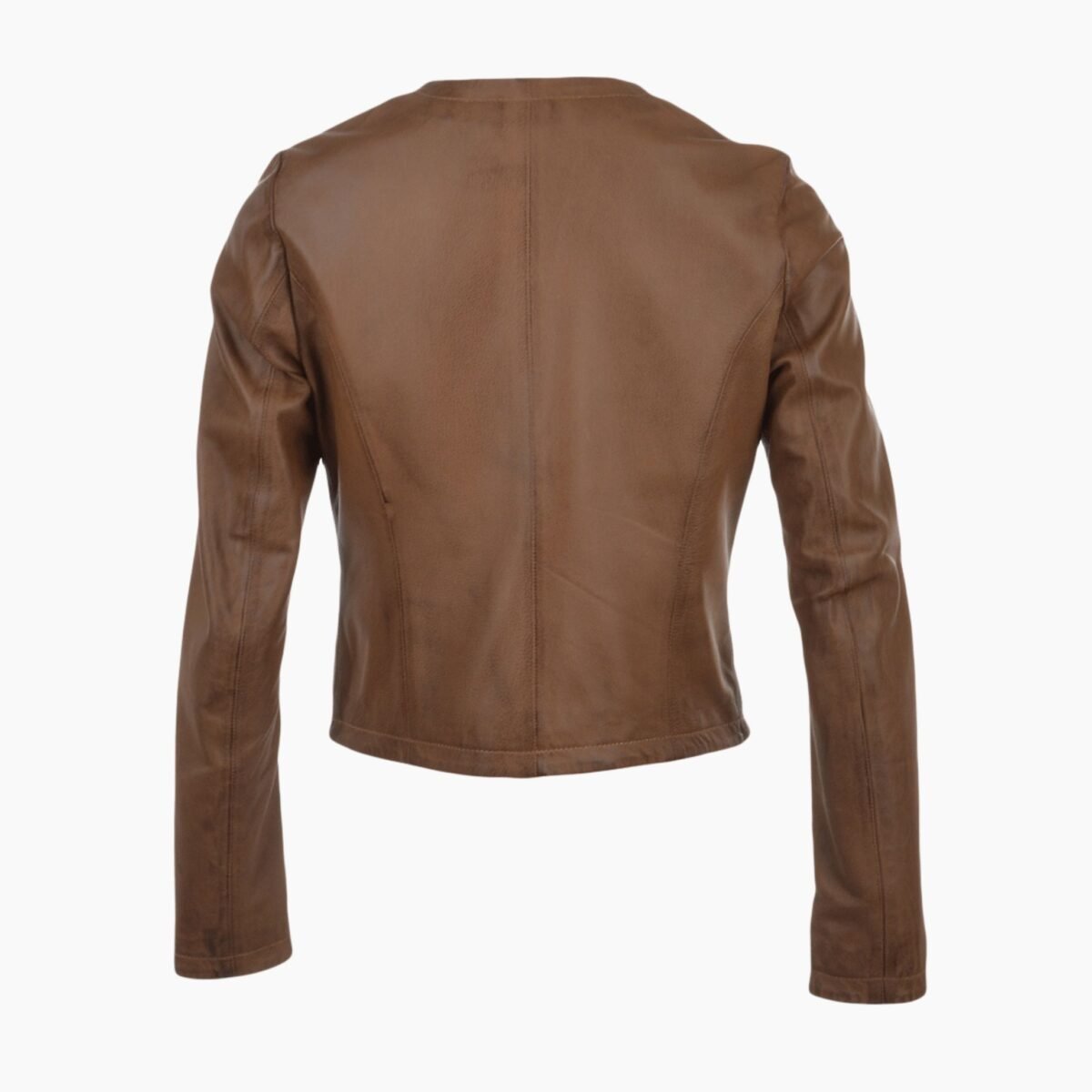 Womens Collarless Leather Jacket Coffee