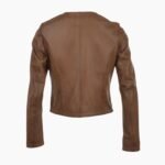Womens Collarless Leather Jacket Coffee