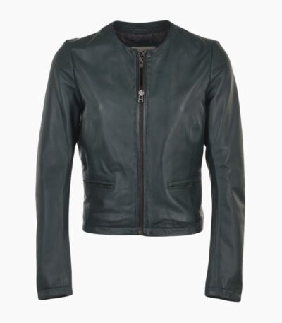 Womens Collarless Leather Jacket Green