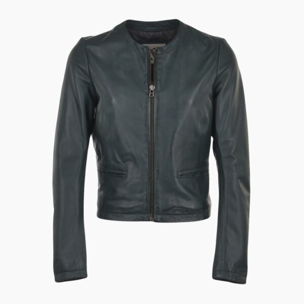 Womens Collarless Leather Jacket Green