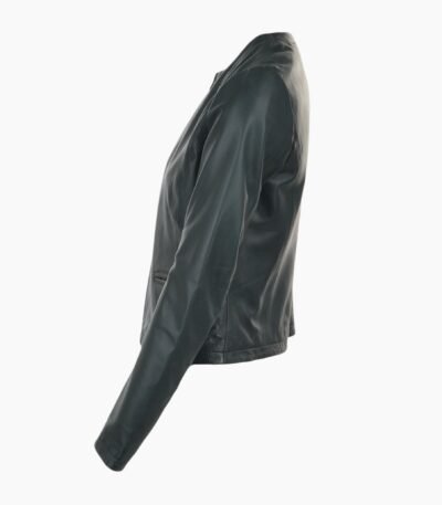 Womens Collarless Leather Jacket Green