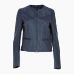 Womens Collarless Leather Jacket Navy