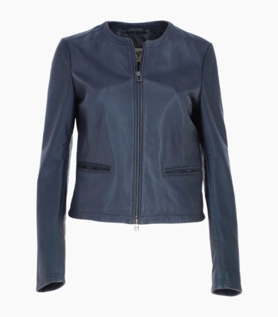 Womens Collarless Leather Jacket Navy