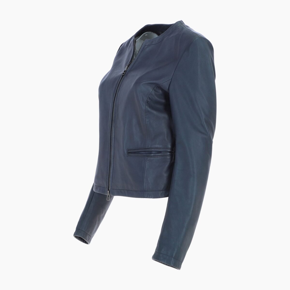 Womens Collarless Leather Jacket Navy