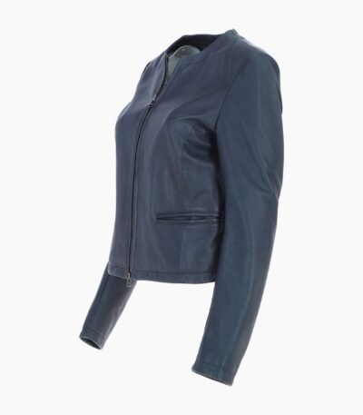 Womens Collarless Leather Jacket Navy