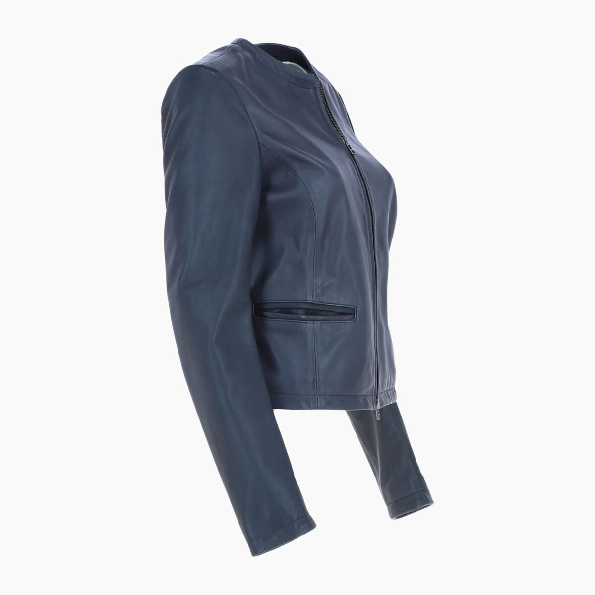 Womens Collarless Leather Jacket Navy