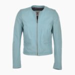 Womens Collarless Leather Jacket Pale Blue
