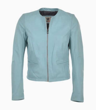 Womens Collarless Leather Jacket Pale Blue