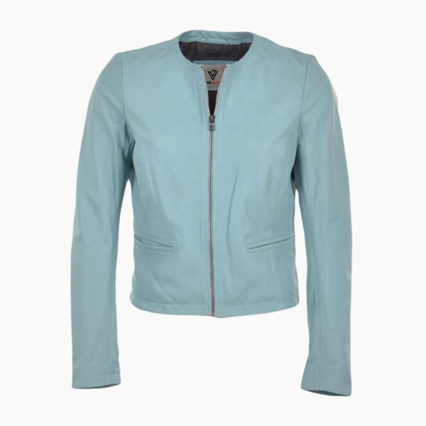 Womens Collarless Leather Jacket Pale Blue