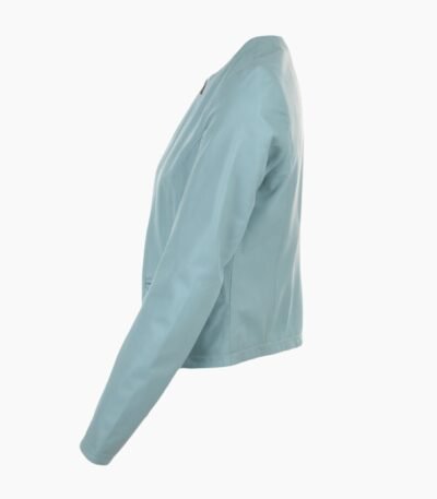 Womens Collarless Leather Jacket Pale Blue